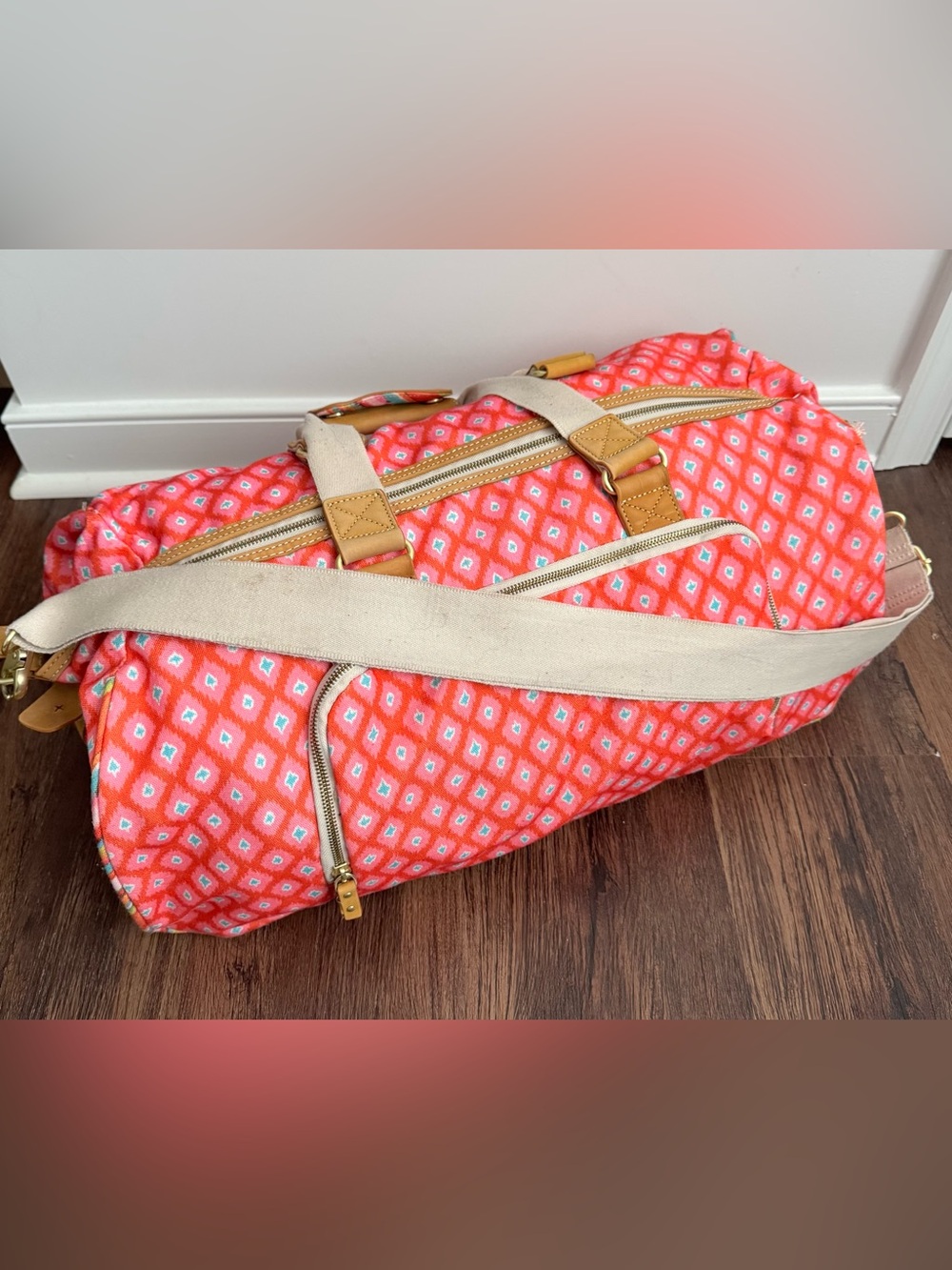 Dena Pink Coral Patterned Weekender Bag with Canvas Strap